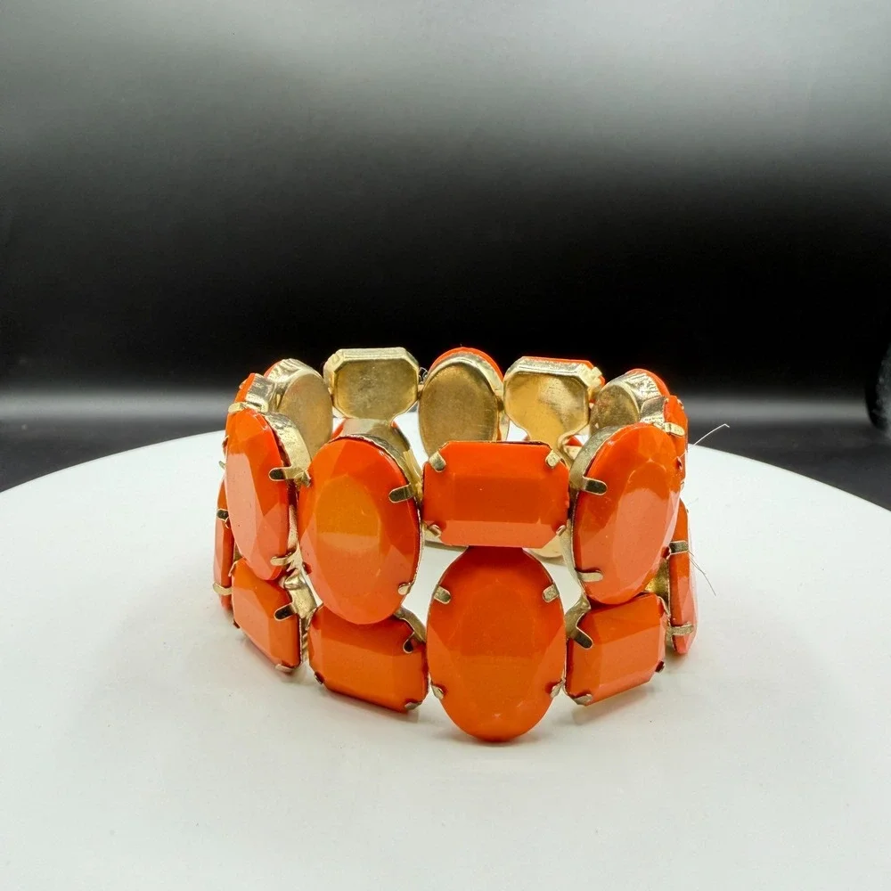 Orange Faceted Rhinestone Stretch Bracelet Chunky Statement Cocktail Boho Gift